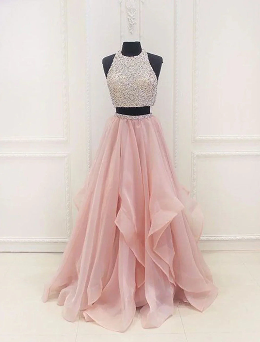 Two Piece Ball Gown Prom Dresses Sparkle & Shine Dress Party Wear Floor Length Sleeveless Halter