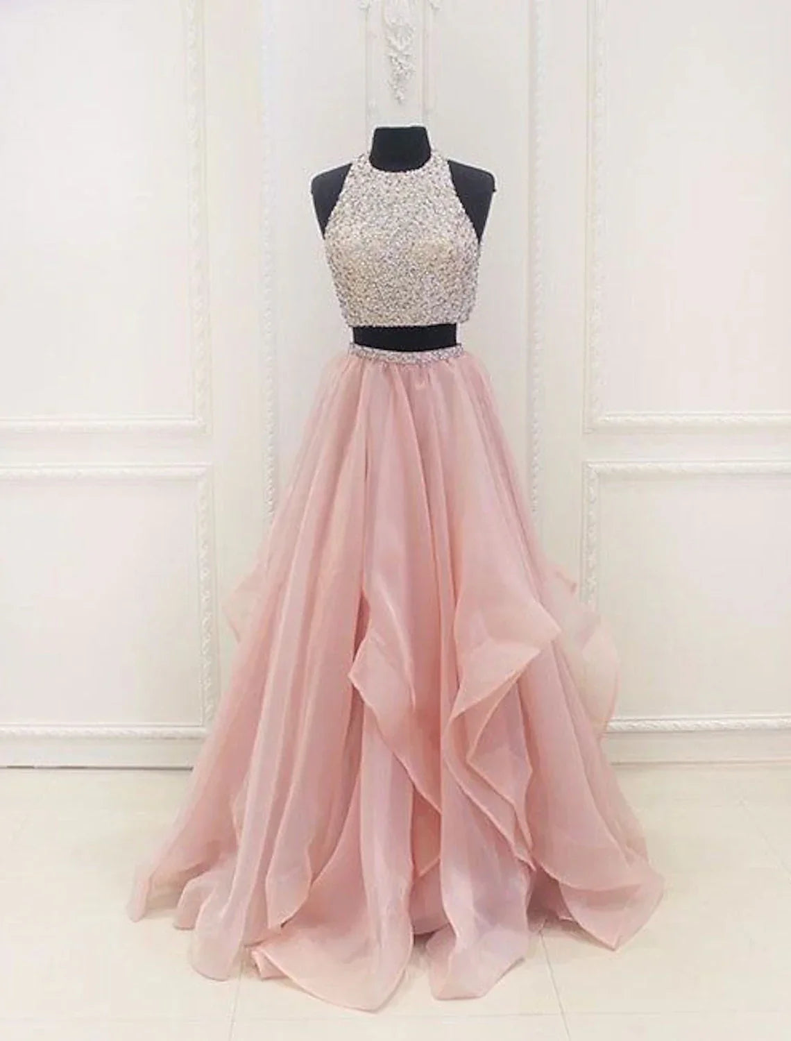 Two Piece Ball Gown Prom Dresses Sparkle & Shine Dress Party Wear Floor Length Sleeveless Halter