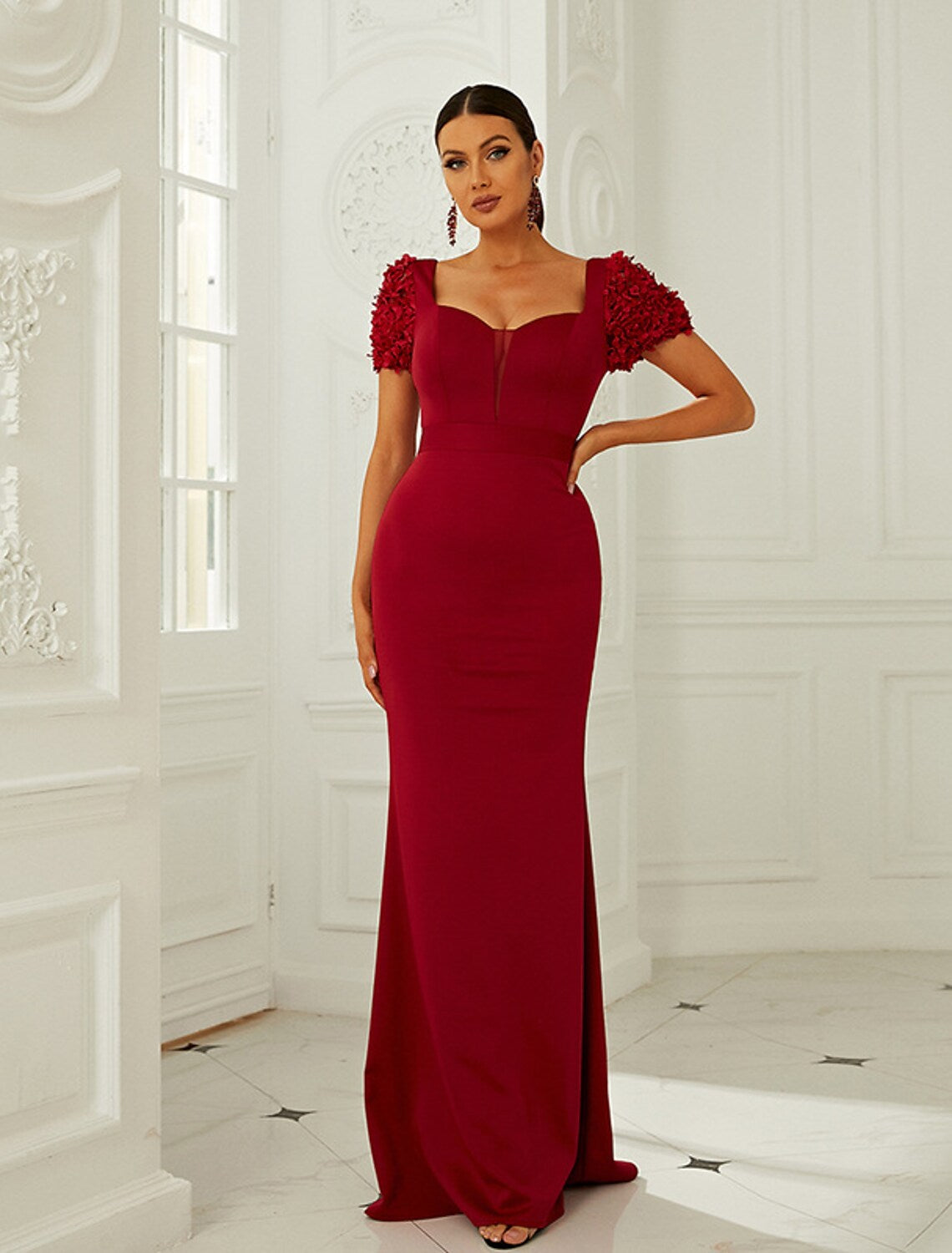 Evening Gown Dress Formal Floor Length Short Sleeve Square Neck