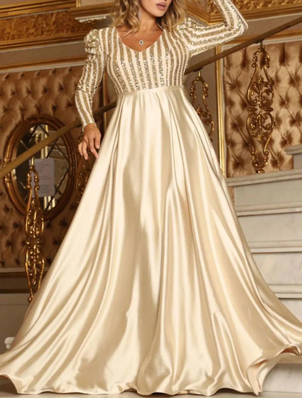 Sparkly Engagement Formal Evening Party Dress V Neck Long Sleeve Court Train