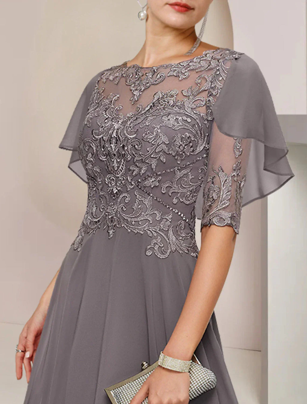 Mother of the Bride Dress Formal Fall Wedding Guest Elegant Scoop Neck Asymmetrical Tea Length Half Sleeve with Beading Appliques