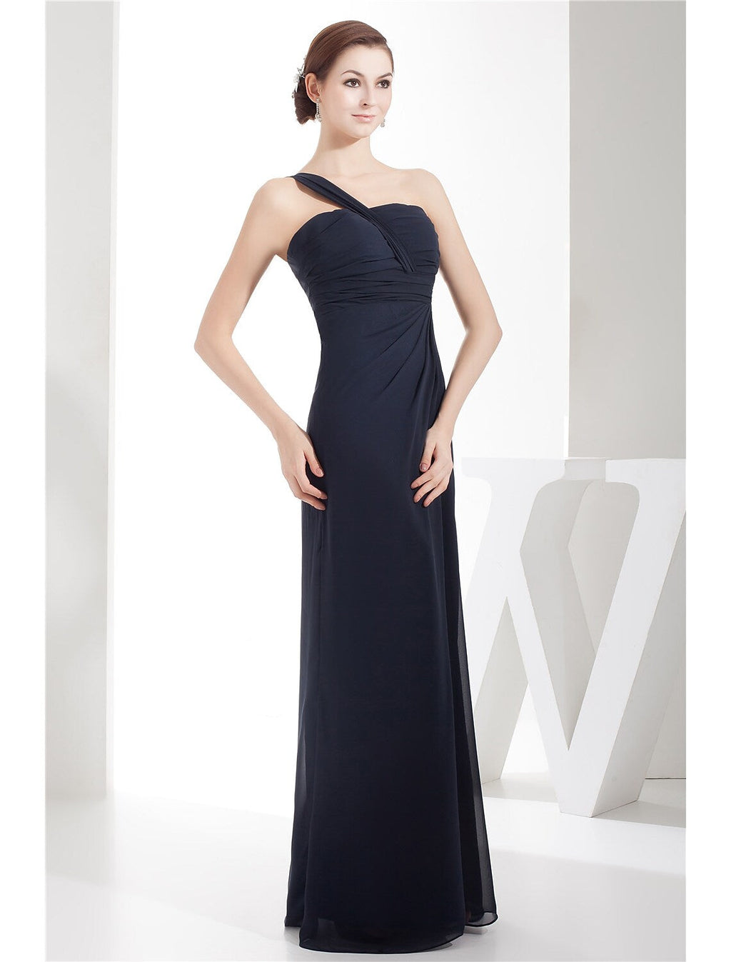 Evening Gown Dress Wedding Floor Length Sleeveless One Shoulder with Ruched