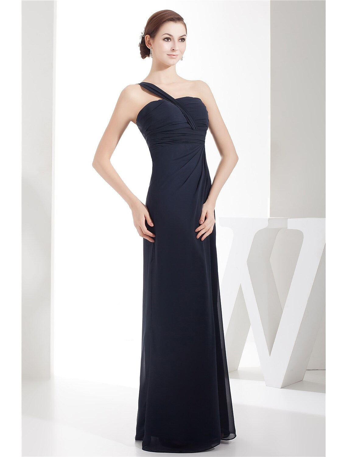 Evening Gown Dress Wedding Floor Length Sleeveless One Shoulder with Ruched