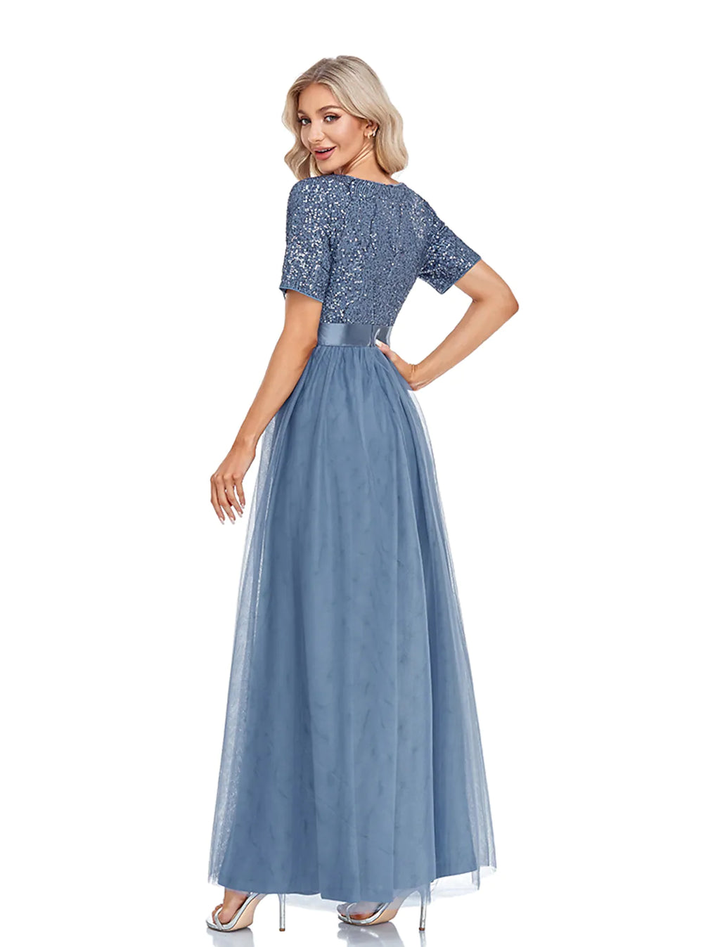 Evening Gown Elegant Dress Wedding Guest Floor Length Short Sleeve V Neck with Splicing