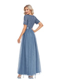 Evening Gown Elegant Dress Wedding Guest Floor Length Short Sleeve V Neck with Splicing