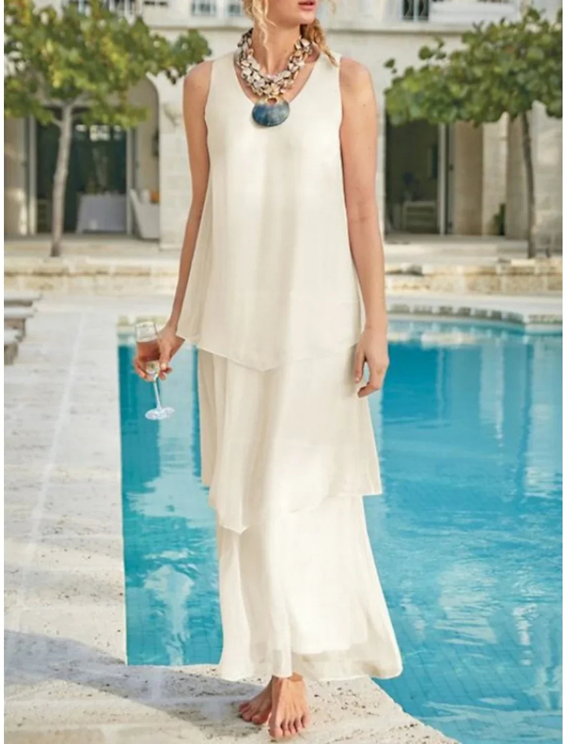 Sheath / Column Mother of the Bride Dress Wedding Guest Simple Elegant V Neck Ankle Length Sleeveless with Tier Solid Color