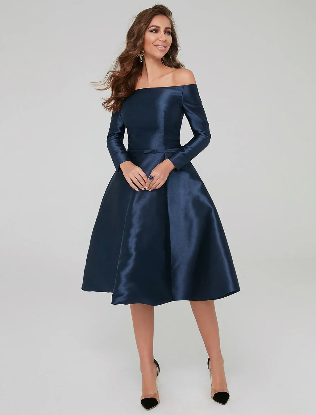 Special Occasion Dresses Party Dress Wedding Guest Knee Length Long Sleeve Off Shoulder with Pleats