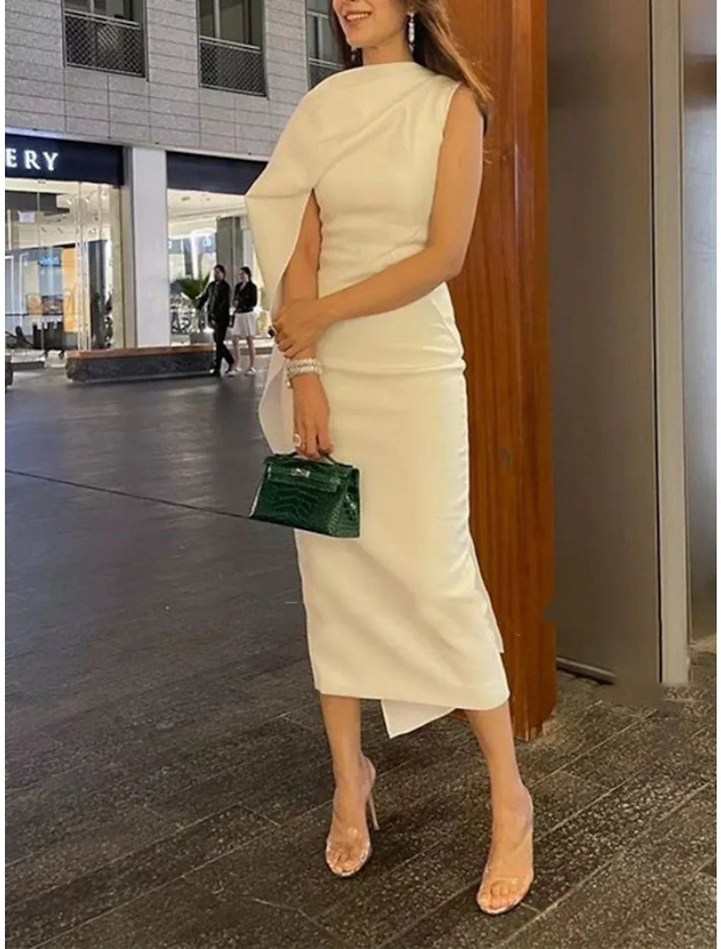 Green Sheath / Column Evening Gown Elegant Dress Formal Tea Length Christmas Red Dress Sleeveless Cowl Neck Fabric with Ruched