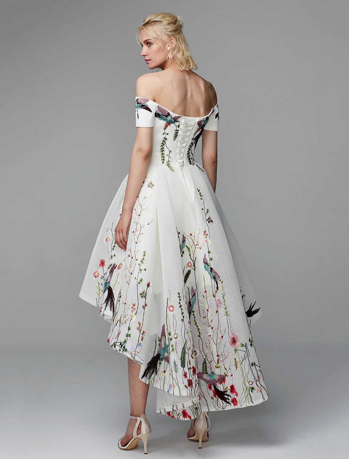 Ball Gown Cute Dress Wedding Guest Asymmetrical Short Sleeve Off Shoulder with Embroidery
