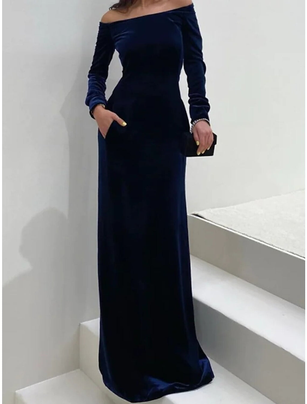 Black Sheath / Column Wedding Guest Dresses Maxi Dress Formal Tie Gala Floor Length Long Sleeve Off Shoulder with Pure Color