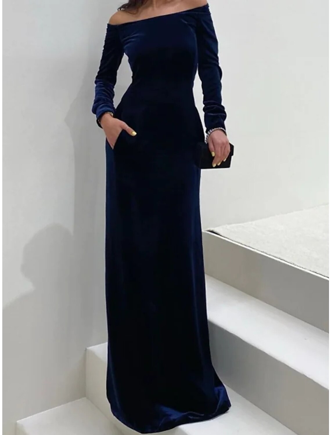 Black Sheath / Column Wedding Guest Dresses Maxi Dress Formal Tie Gala Floor Length Long Sleeve Off Shoulder with Pure Color