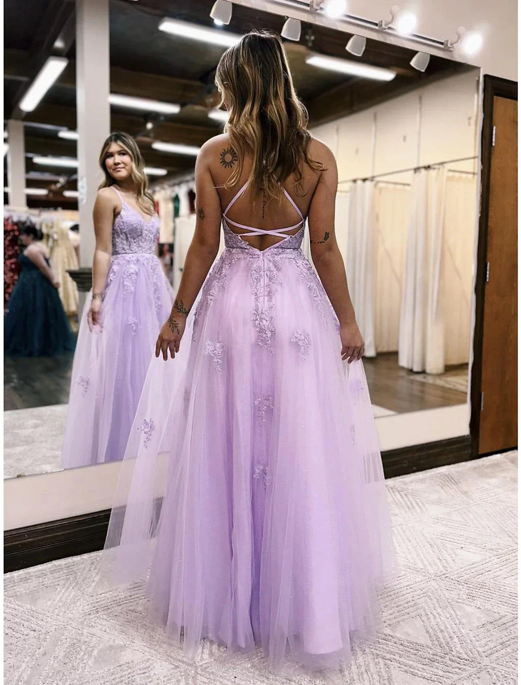 Evening Gown Open Back Dress Formal Prom Floor Length Sleeveless V Neck Backless with Beading Slit Appliques