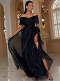 Evening Gown Sexy Dress Formal Floor Length Short Sleeve Off Shoulder with Ruffles Slit