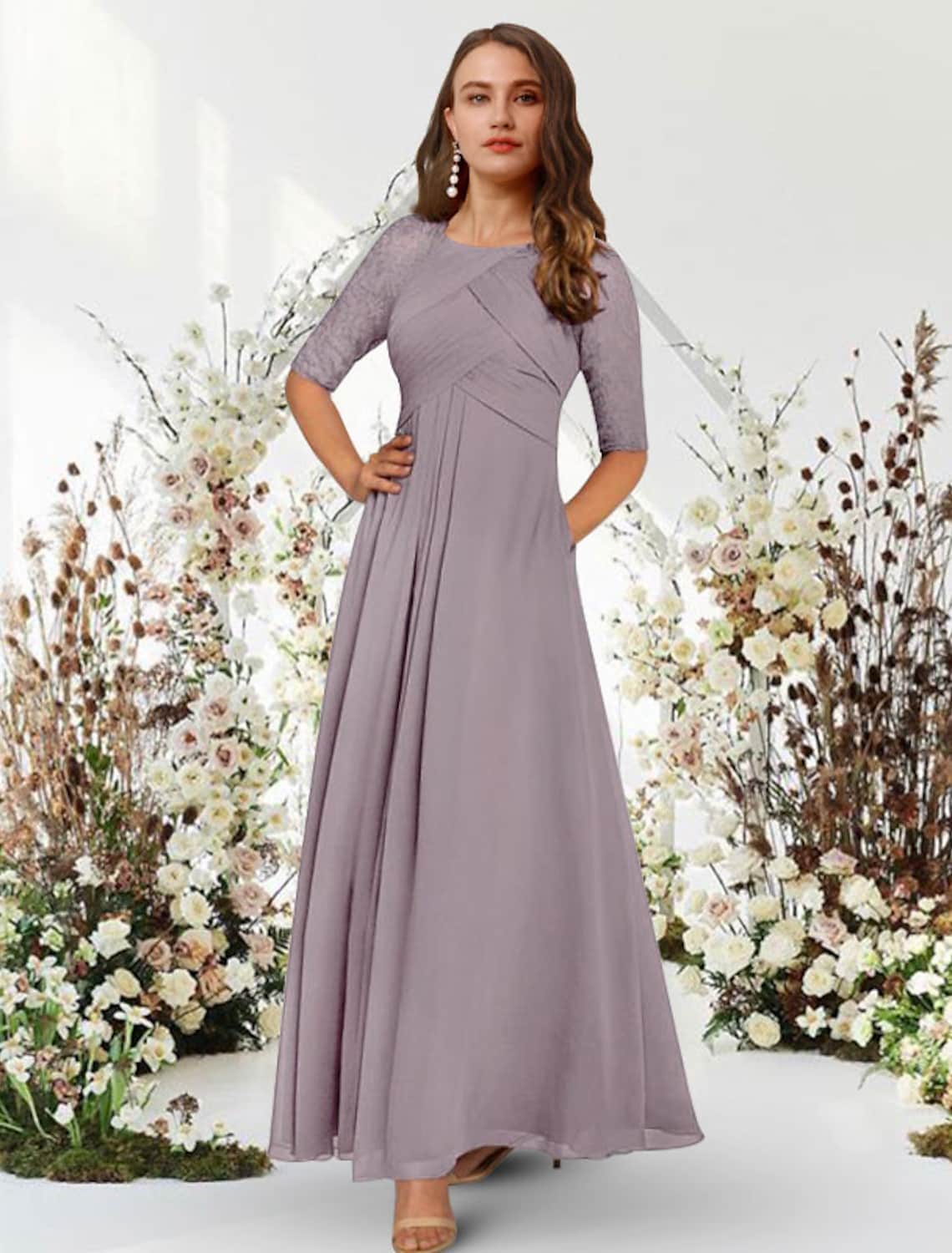 Evening Gown Elegant Dress Wedding Guest Floor Length Half Sleeve Jewel Neck with Pleats Ruched