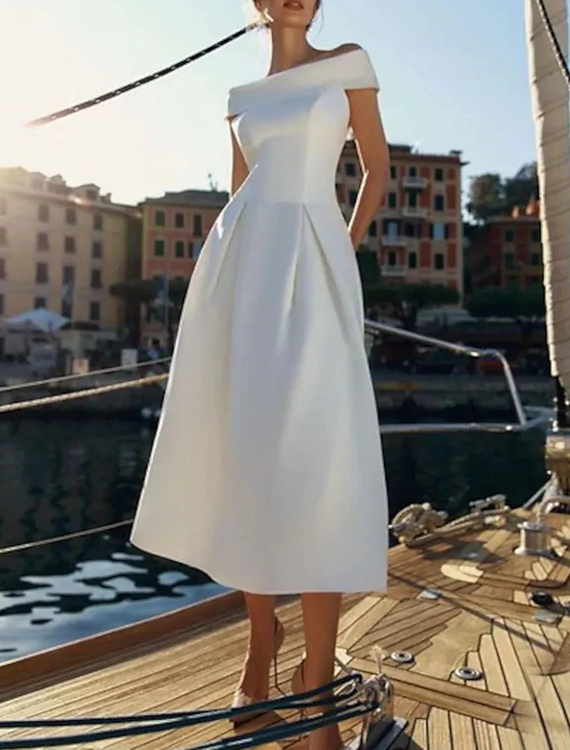 Wedding Guest Dresses Elegant Dress Wedding Party Birthday Tea Length Short Sleeve Off Shoulder with Pure Color