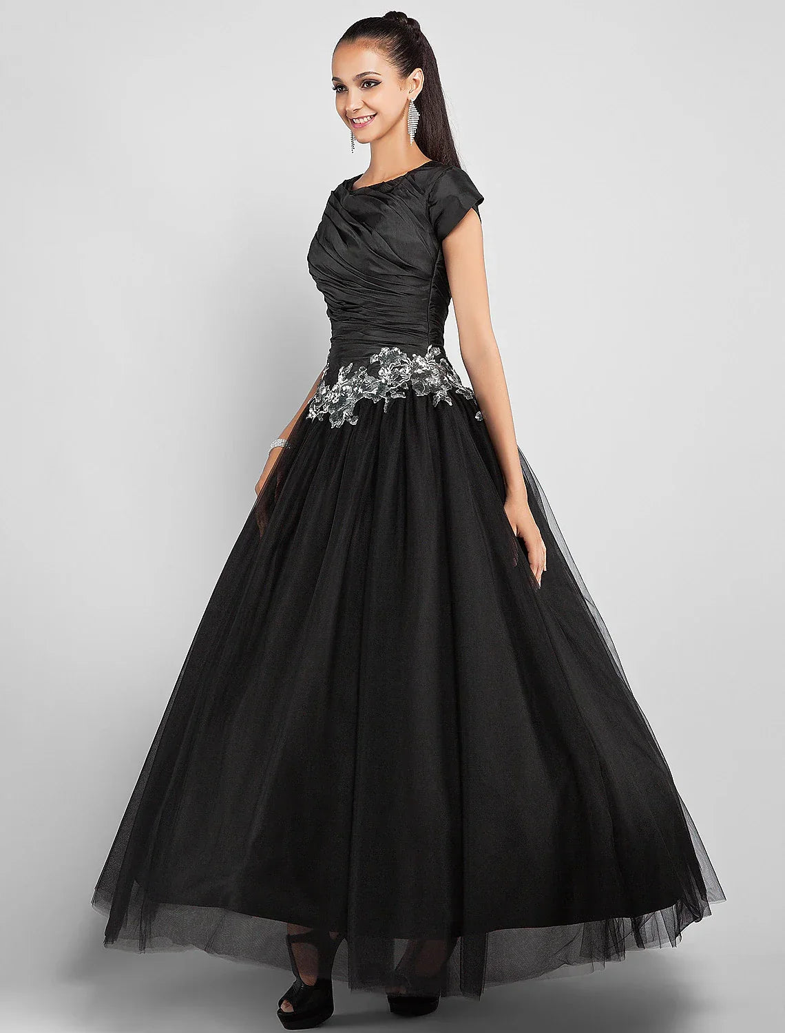 Black Ball Gown Little Dress Dress Prom Formal Evening Ankle Length Short Sleeve Jewel Neck Taffeta with Appliques Side Draping