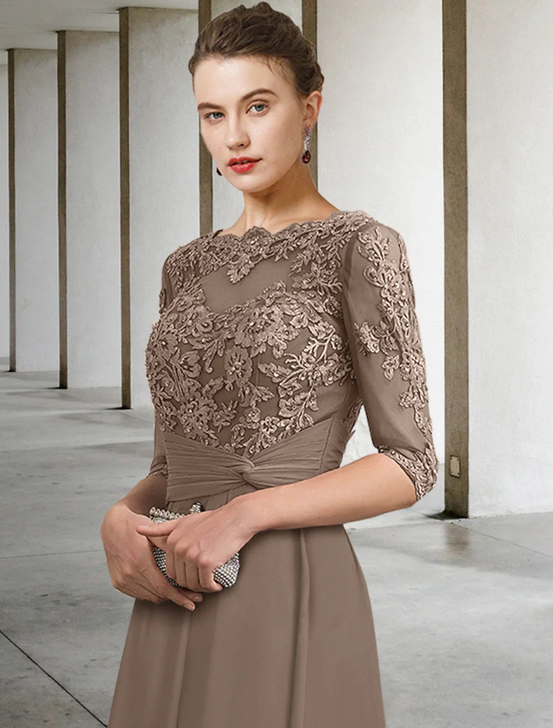 Mother of the Bride Dress Wedding Guest Plus Size Elegant Jewel Neck Ankle Length Half Sleeve with Ruched Beading Appliques Fall