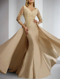 Sheath / Column Mother of the Bride Dress Formal Wedding Guest Elegant V Neck Floor Length 3/4 Length Sleeve with Appliques