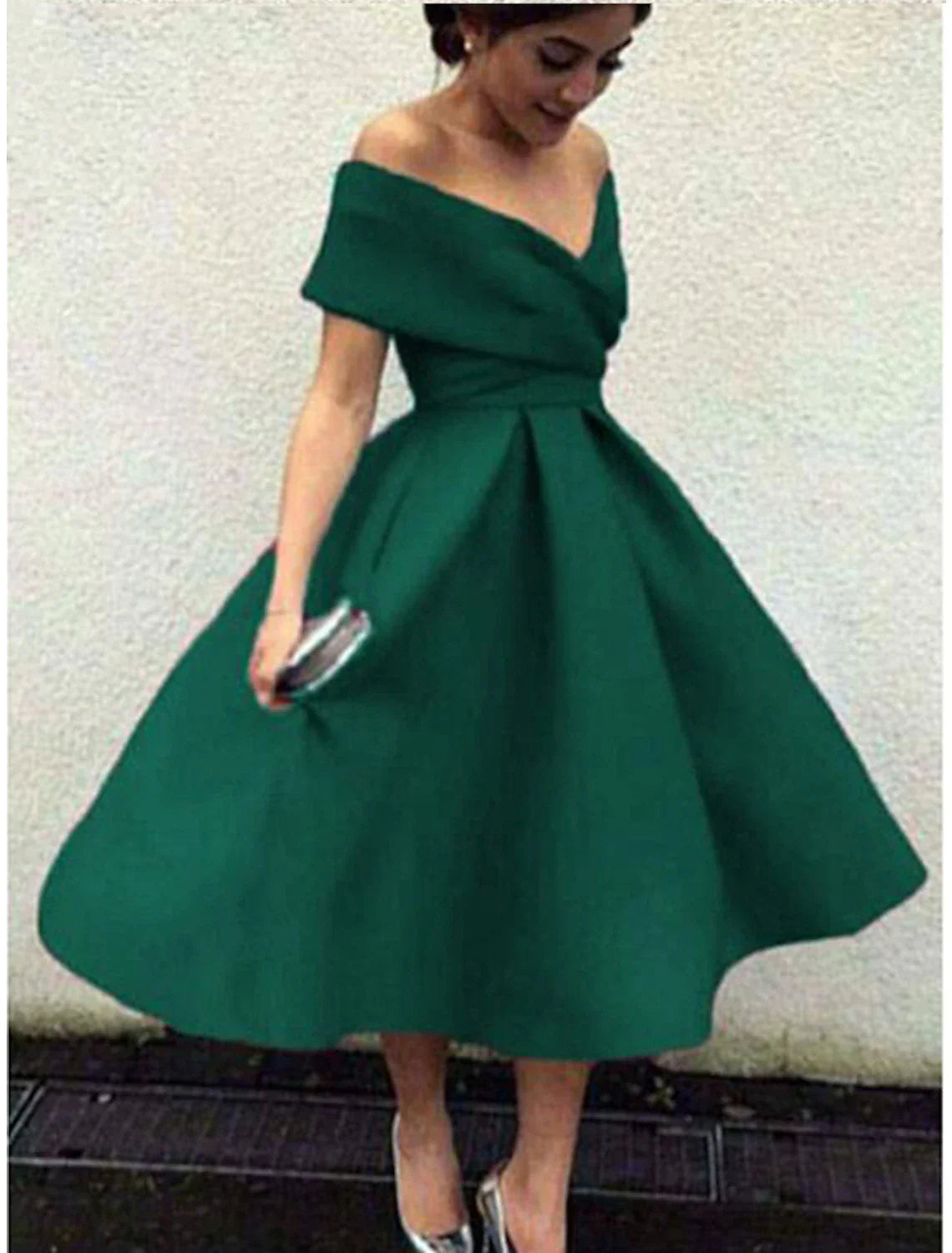Cocktail Dresses 1950s Dress Homecoming Tea Length Short Sleeve V Neck Fabric V Back with Pleats
