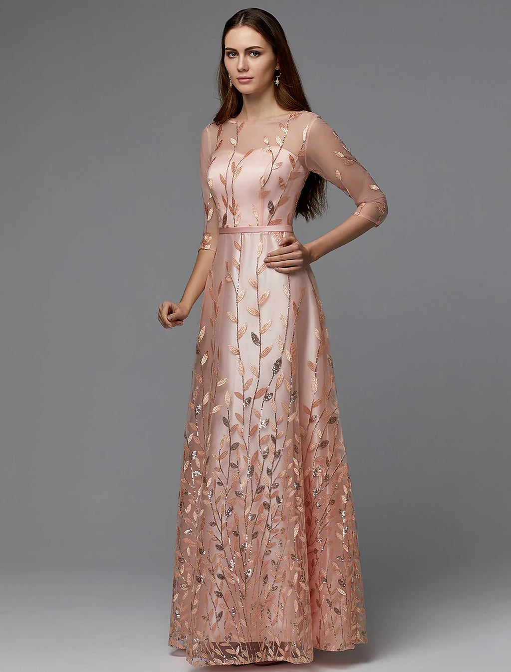 Floral Dress Wedding Guest Floor Length 3/4 Length Sleeve Illusion Neck with Pattern / Print Appliques