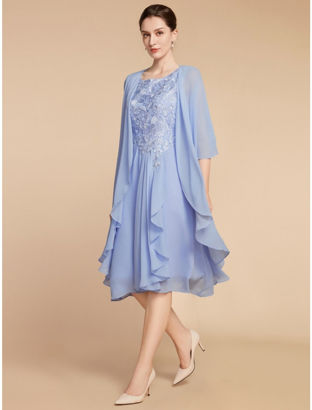 Two Piece Sheath / Column Mother of the Bride Dress Wedding Guest Elegant Petite Scoop Neck Knee Length Half Sleeve with Ruching Solid Color