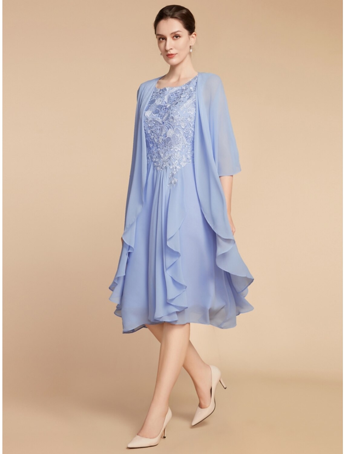 Two Piece Sheath / Column Mother of the Bride Dress Wedding Guest Elegant Petite Scoop Neck Knee Length Half Sleeve with Ruching Solid Color