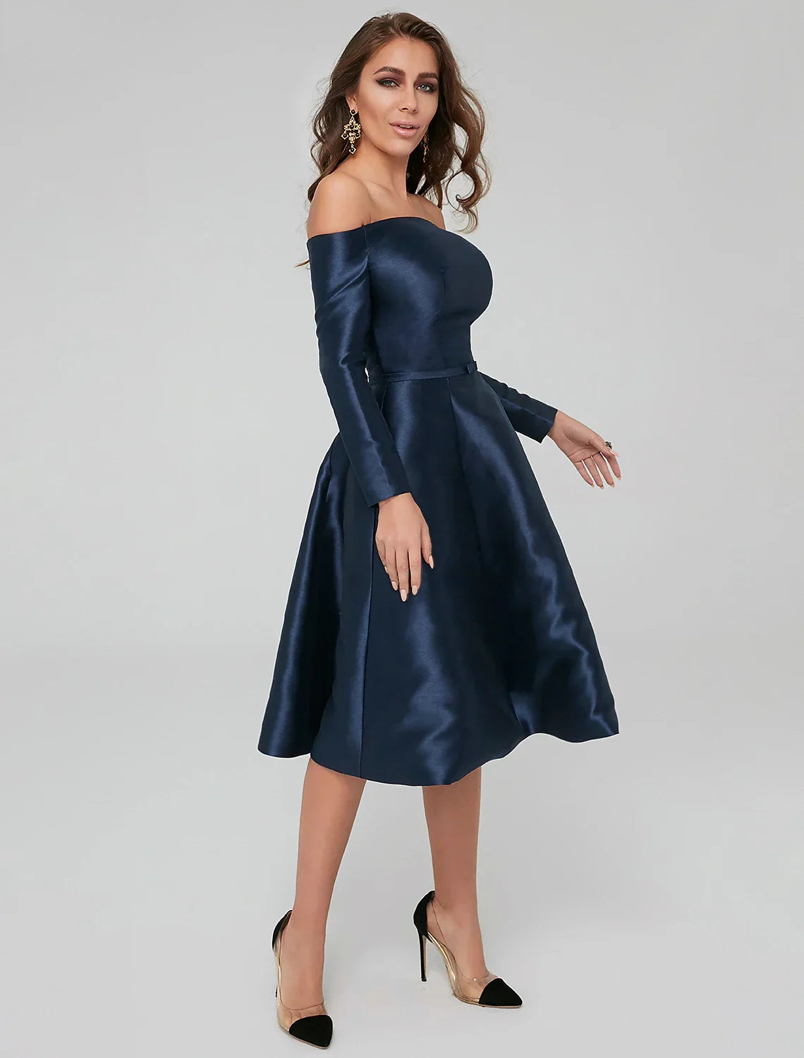 Special Occasion Dresses Party Dress Wedding Guest Knee Length Long Sleeve Off Shoulder with Pleats