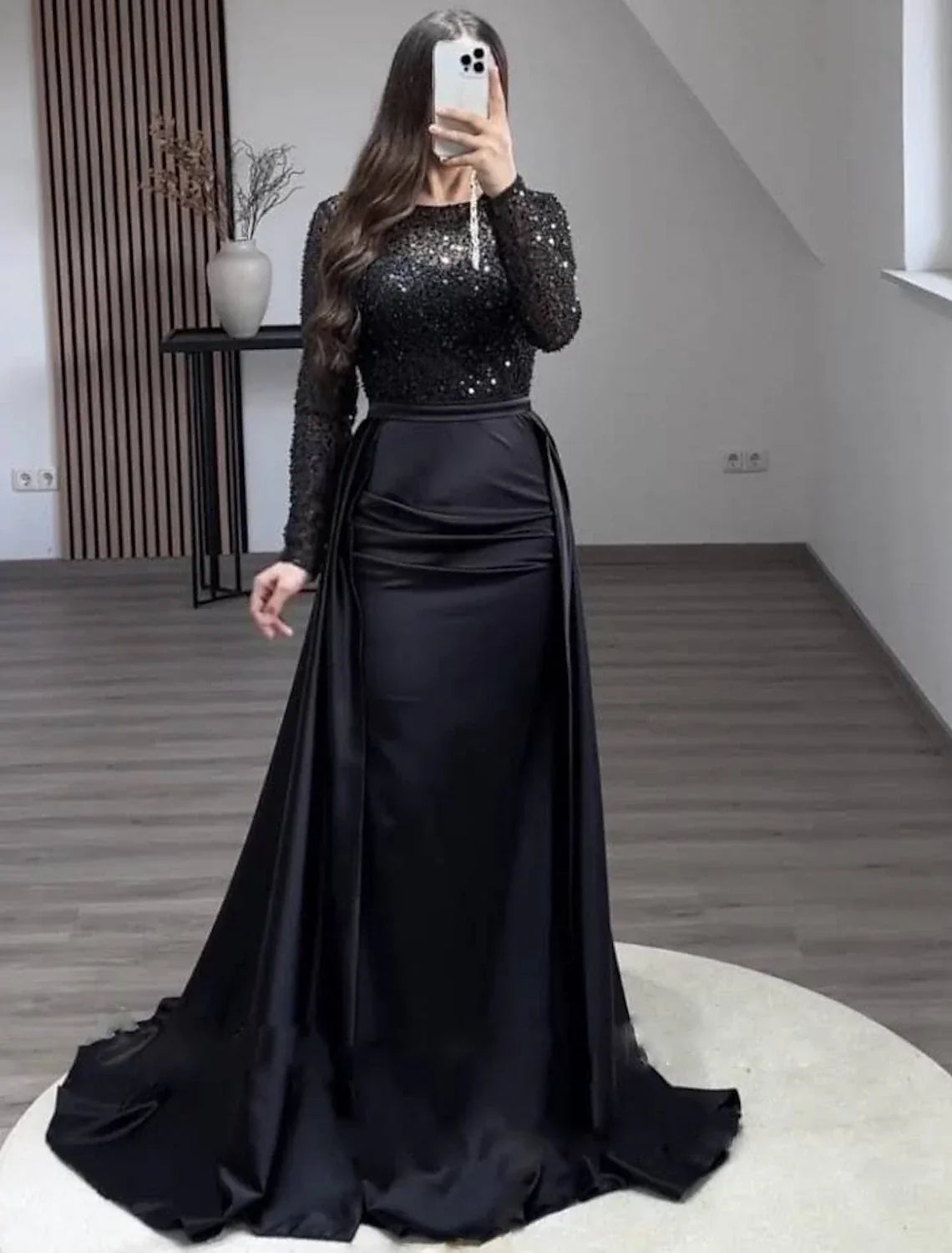 Mermaid Evening Gown Ruched Dress Long Sleeves Floor Length Sparkle Illusion Neck Fall Wedding Guest Dress with Pearls Overskirt