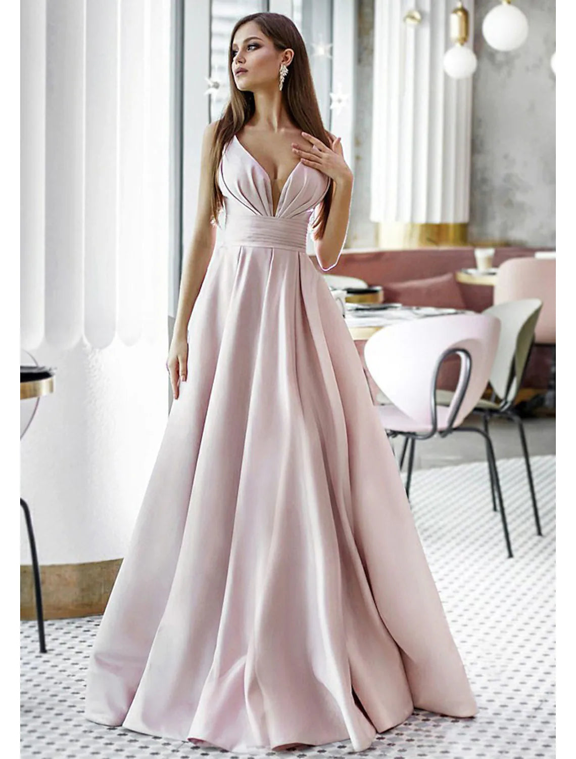 Open Back Dress Formal Floor Length Sleeveless V Neck Pocket Backless with Pleats Beading Pocket
