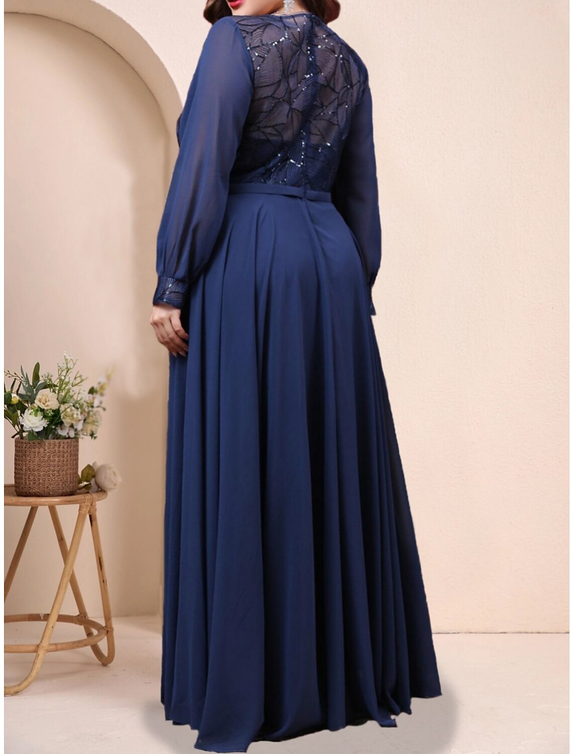 Plus Size Curve Mother of the Bride Dress Wedding Guest Plus Size Sparkle & Shine Jewel Neck Floor Length Long Sleeve with Pleats