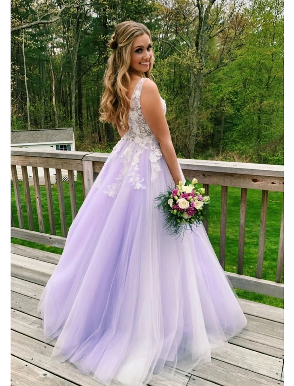Ball Gown A-Line Prom Dresses Color Block Dress Formal Floor Length Sleeveless V Neck BacklessBack