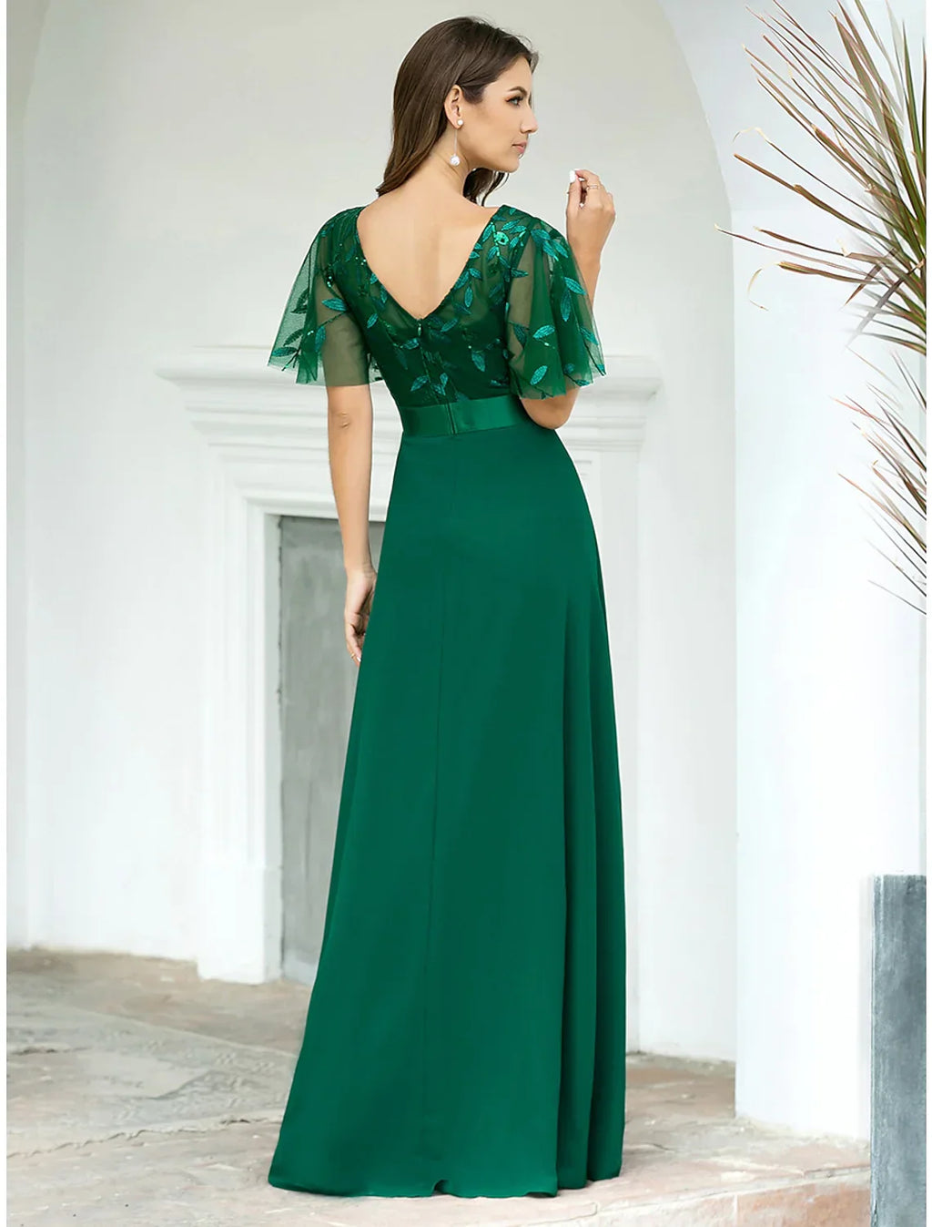 Evening Party Floor Length Short Sleeve V Back