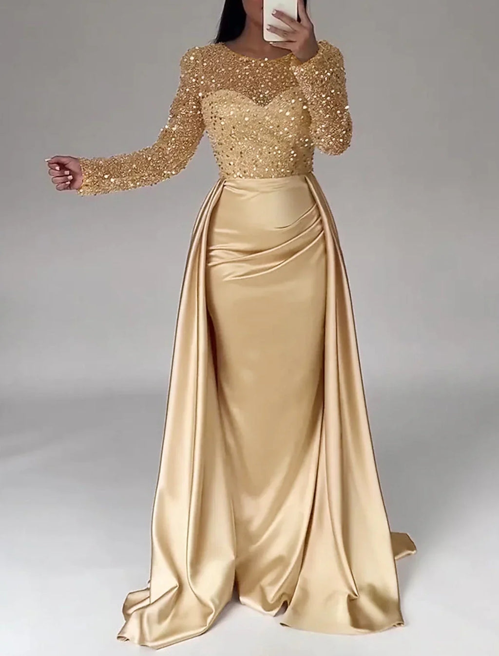 Mermaid Evening Gown Ruched Dress Long Sleeves Floor Length Sparkle Illusion Neck Fall Wedding Guest Dress with Pearls Overskirt
