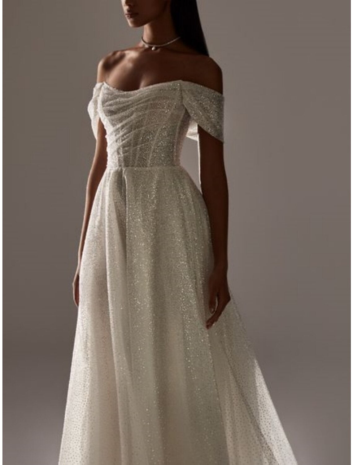 Formal Wedding Dresses A-Line Off Shoulder Short Sleeve Court Train Bridal Gowns With Pleats Ruched