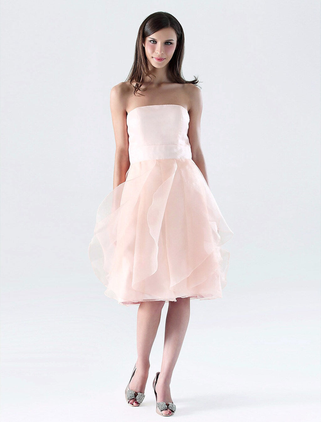 Bridesmaid Dress Strapless Sleeveless Open Back Knee Length with Ruffles