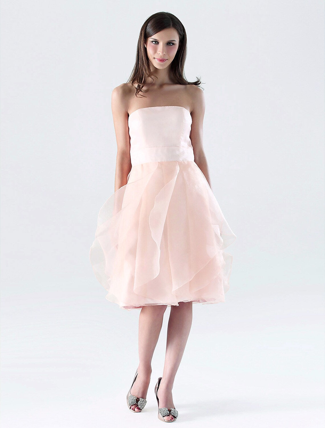 Bridesmaid Dress Strapless Sleeveless Open Back Knee Length with Ruffles