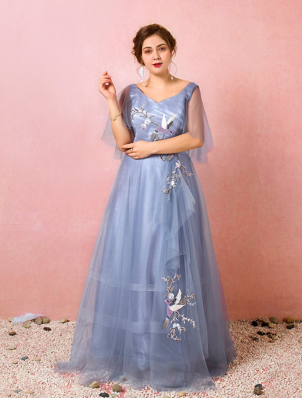 Chinese Style Dress Prom Floor Length Half Sleeve V Neck with Ruched Embroidery