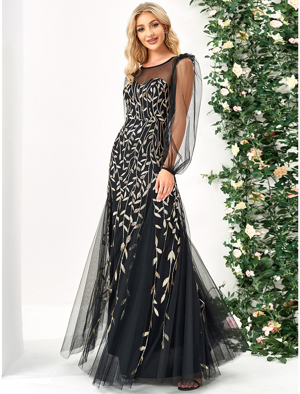 Evening Gown Elegant Dress Formal Floor Length Long Sleeve Jewel Neck