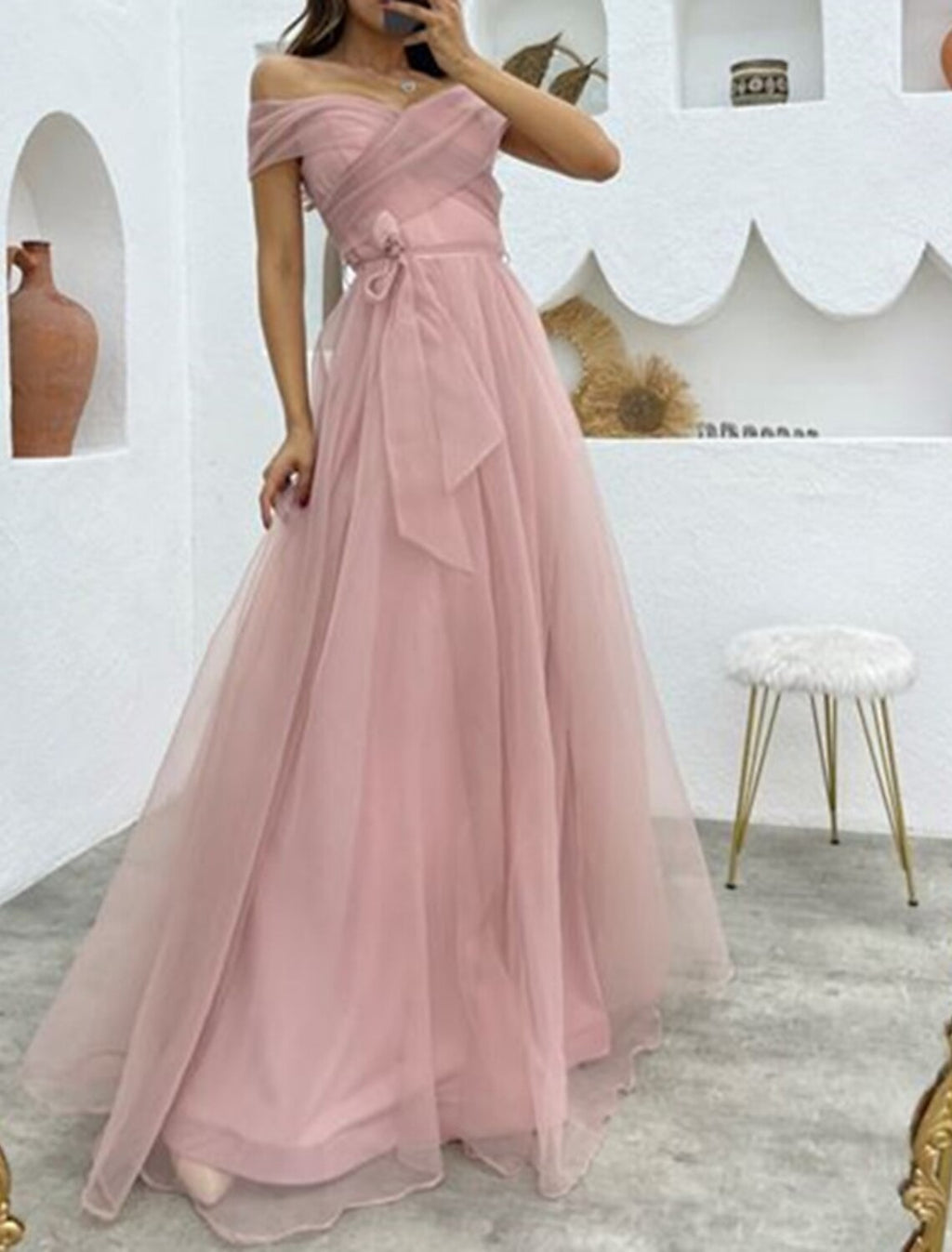 Evening Gown 1950s Dress Formal Wedding Reception Floor Length Sleeveless Off Shoulder with Strappy