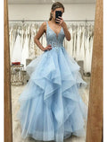 Ball Gown A-Line Prom Dresses Princess Dress Formal Wedding Guest Floor Length Sleeveless V Neck Backless with Pleats Ruched Appliques