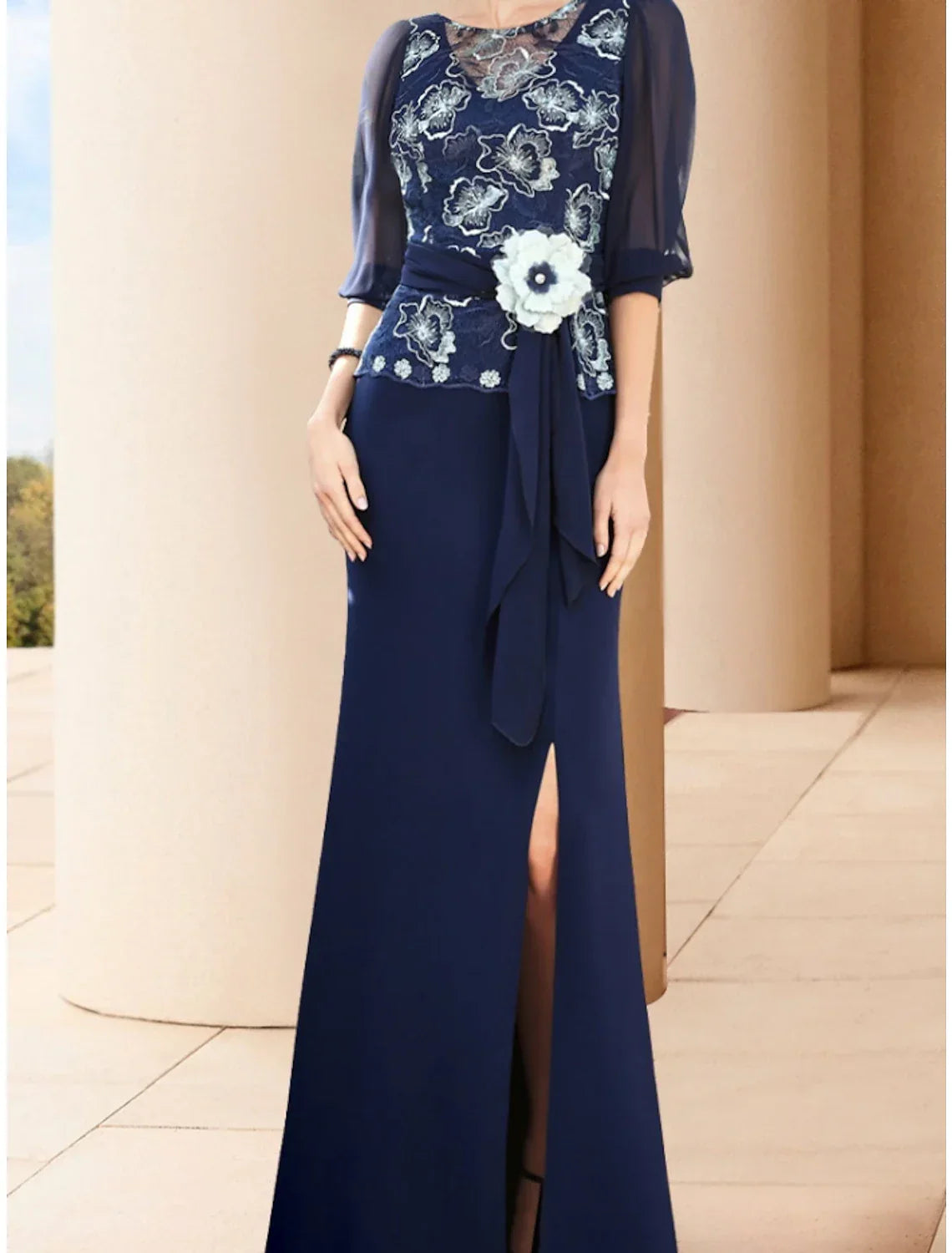 Sheath / Column Mother of the Bride Dress Wedding Guest Elegant Jewel Neck Floor Length Half Sleeve with Split Front Ruching Flower