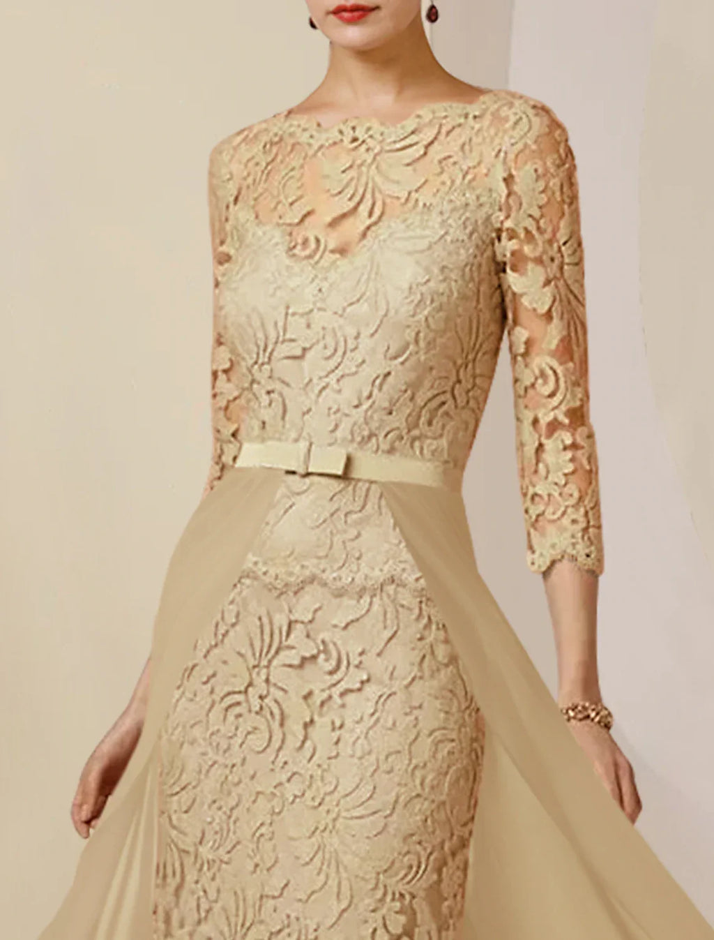 Sheath / Column Mother of the Bride Dress Formal Wedding Guest Party Elegant Scoop Neck Floor Length 3/4 Length Sleeve with Bow(s) Appliques