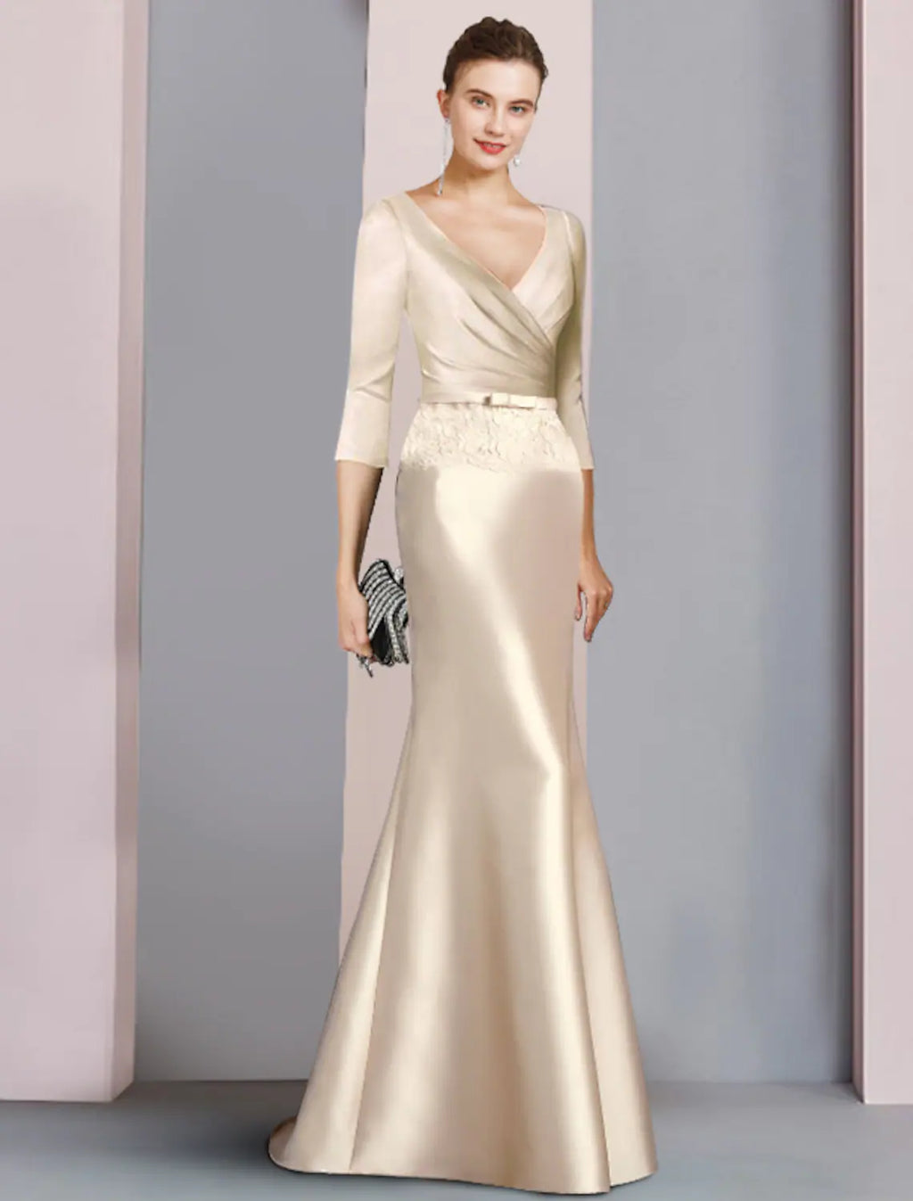 Mother of the Bride Dress Wedding Vintage Elegant V Neck Floor Length Length Sleeve with Ribbon Bow(s)