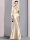 Mother of the Bride Dress Wedding Vintage Elegant V Neck Floor Length Length Sleeve with Ribbon Bow(s)