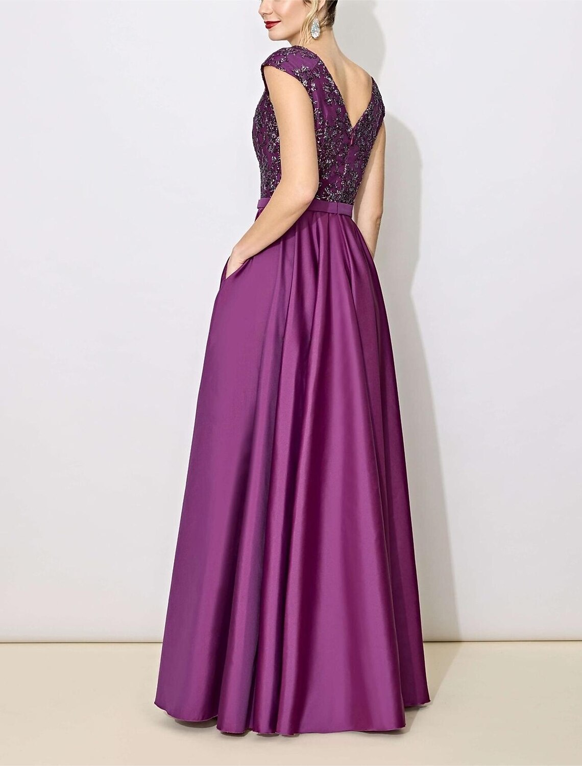 Mother of the Bride Dress Formal Wedding Guest Elegant Bateau Neck Floor Length Italy Half Sleeve Cap Sleeve with Sash / Ribbon