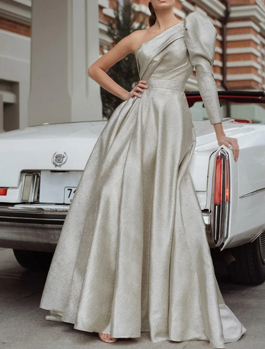 Evening Gown Maxi Dress Formal Wedding Guest Floor Length Long Sleeve One Shoulder with Pleats