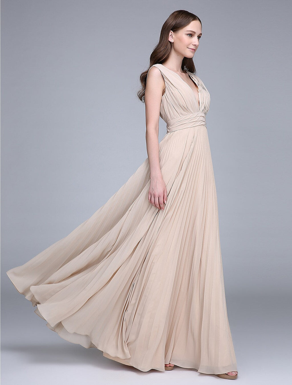Bridesmaid Dress V Neck Sleeveless Elegant Floor Length with Ruched