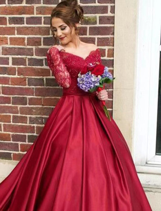 Elegant Red A-Line V-Neck Long-Sleeve Classic-Back Floor-Length Evening Dress