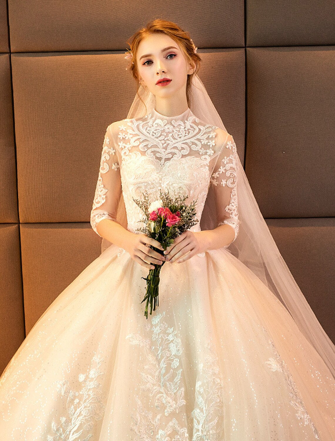 Engagement Open Back Formal Wedding Dresses Princess Long Sleeve High Neck With Appliques