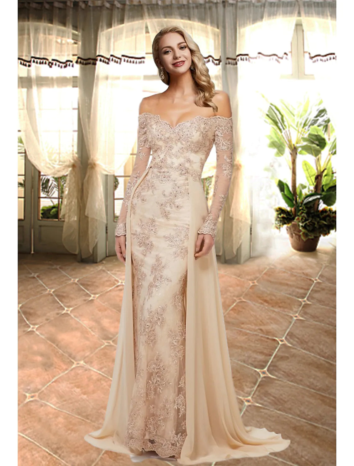 Prom Dress Long Off Shoulder Luxurious Elegant Engagement Formal Evening Gown Sweetheart Neckline Long Sleeve